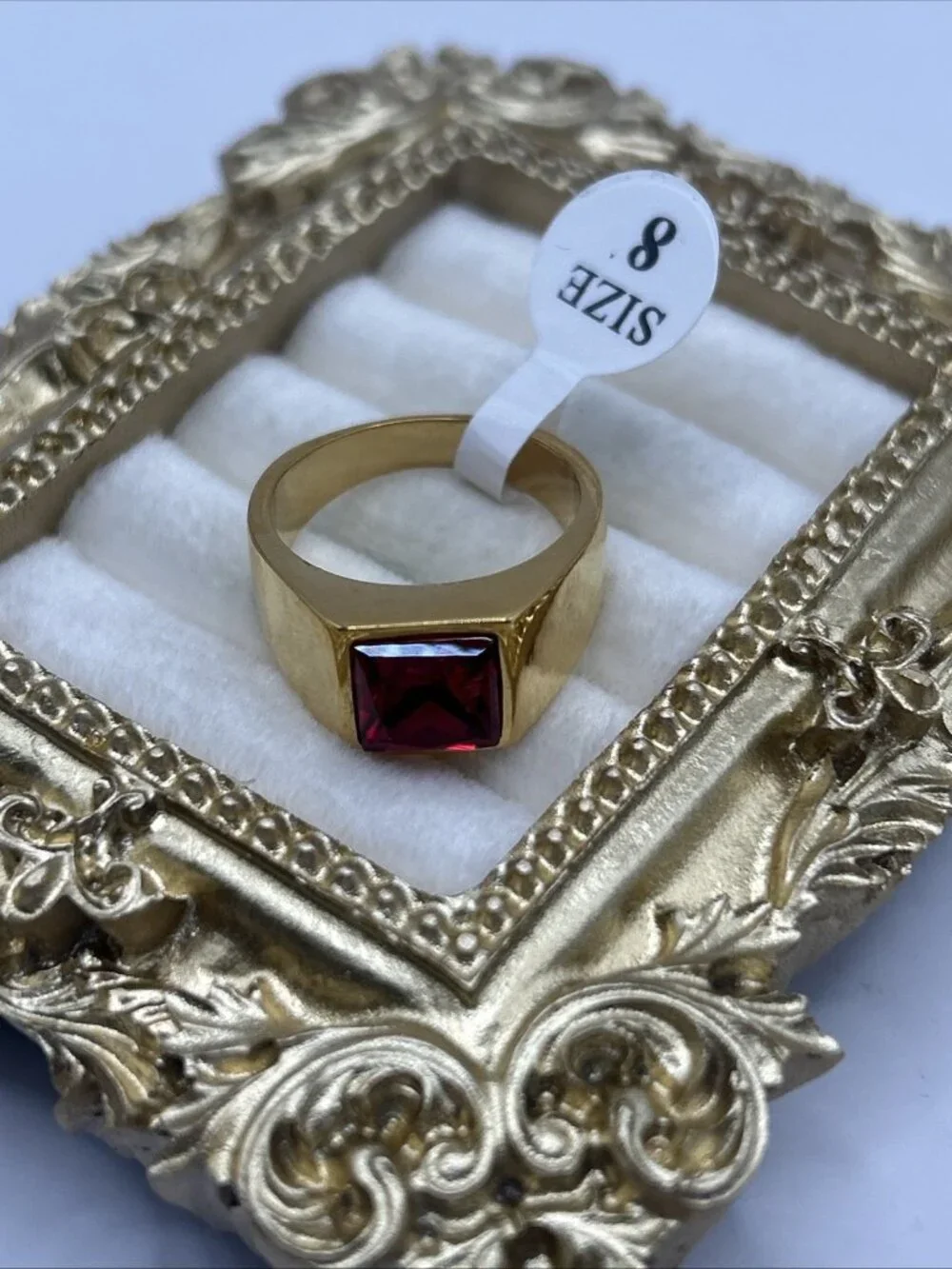 Vintage Gold Tone Signet Ring Red Rhinestone Square Size 8 NOS Mens Unisex